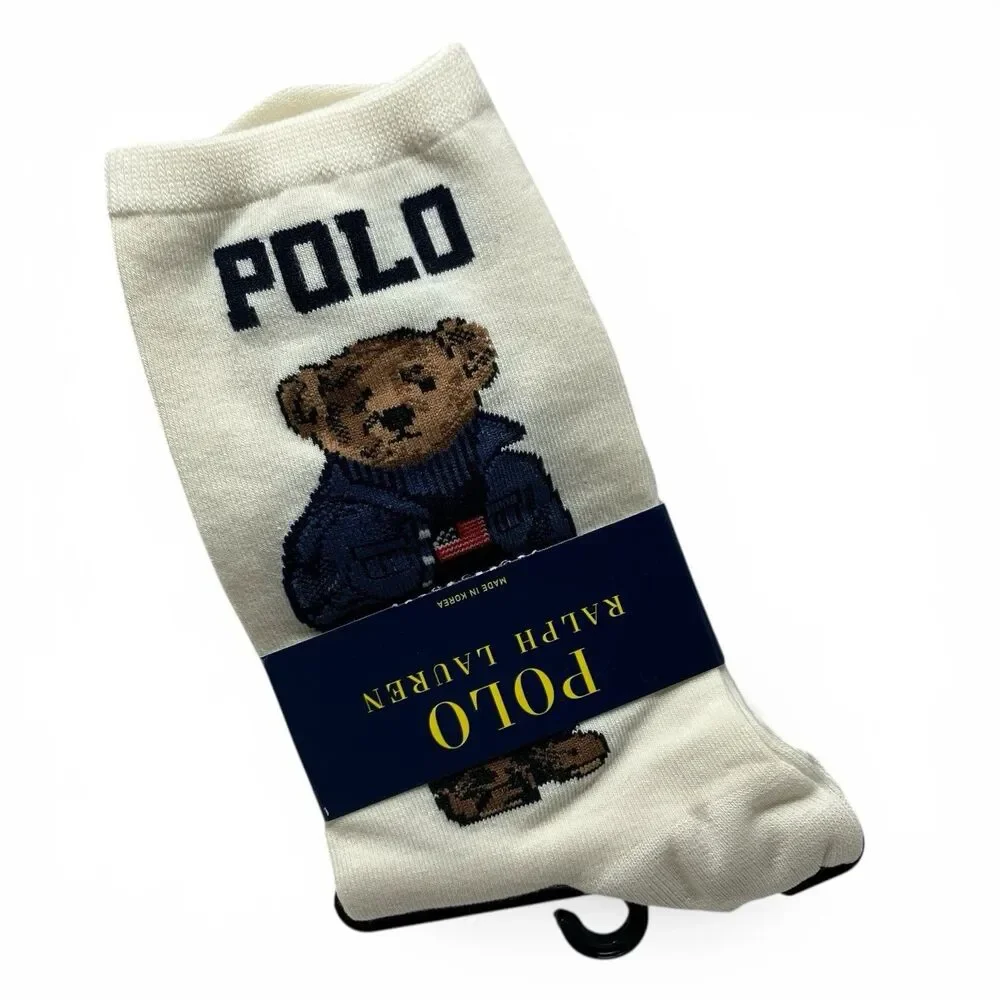 Polo Ralph Lauren Womens Ivory Polo Bear Flag Sweater Crew Socks Preppy